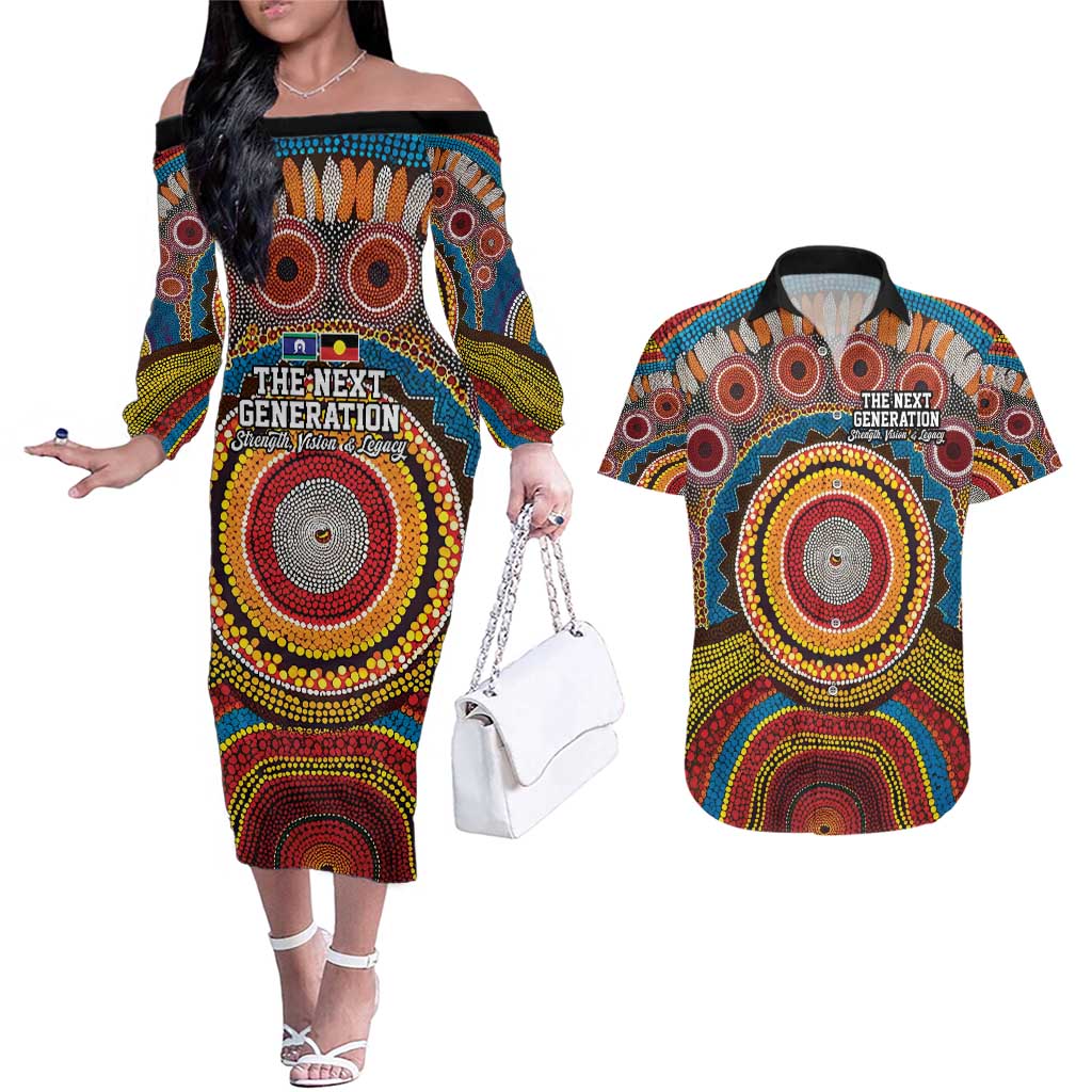 A Bright Future NAIDOC 2025 Couples Matching Off The Shoulder Long Sleeve Dress and Hawaiian Shirt Aboriginal Indigenous Art