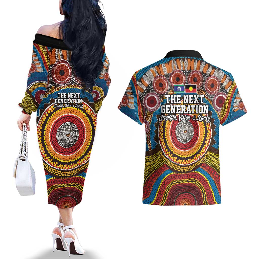 A Bright Future NAIDOC 2025 Couples Matching Off The Shoulder Long Sleeve Dress and Hawaiian Shirt Aboriginal Indigenous Art