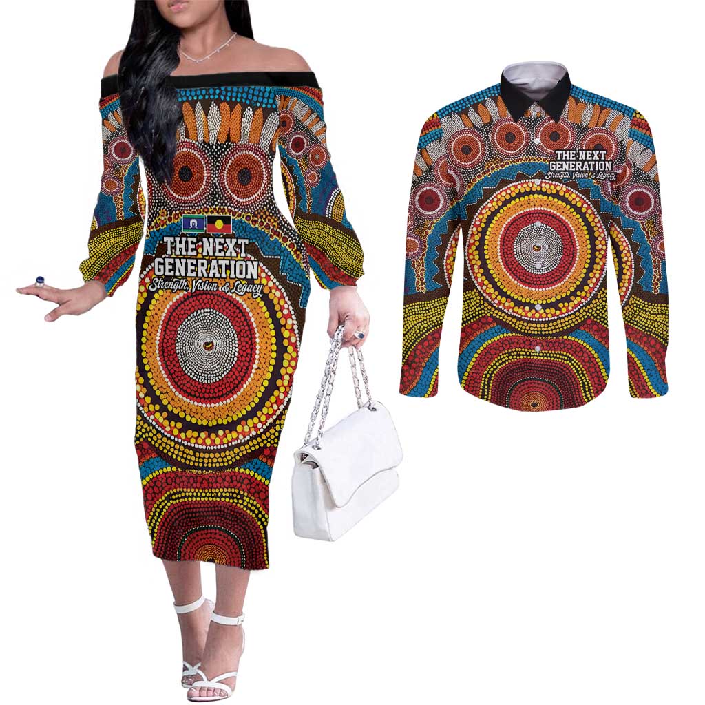A Bright Future NAIDOC 2025 Couples Matching Off The Shoulder Long Sleeve Dress and Long Sleeve Button Shirt Aboriginal Indigenous Art