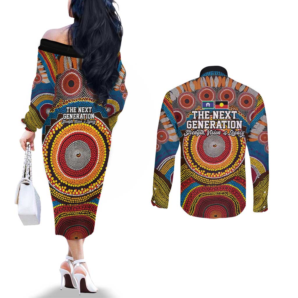 A Bright Future NAIDOC 2025 Couples Matching Off The Shoulder Long Sleeve Dress and Long Sleeve Button Shirt Aboriginal Indigenous Art