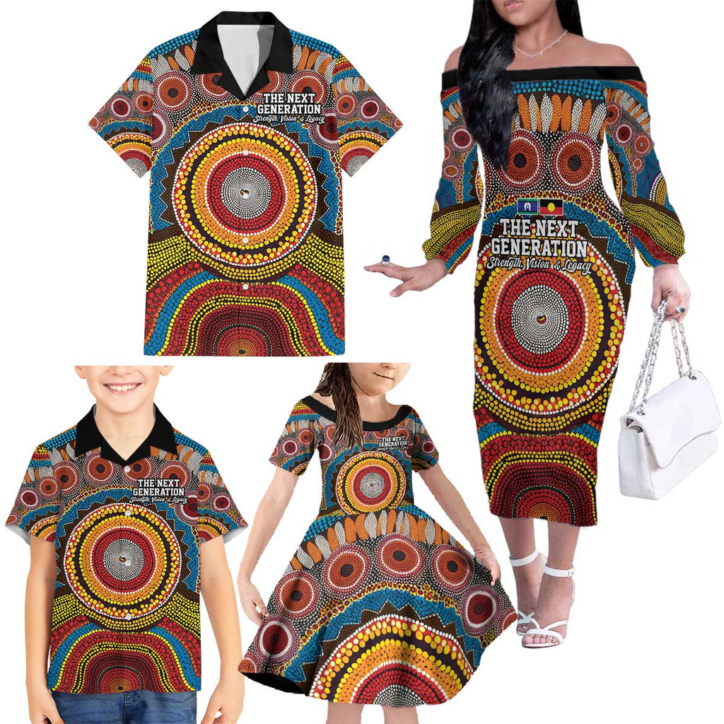 A Bright Future NAIDOC 2025 Family Matching Off The Shoulder Long Sleeve Dress and Hawaiian Shirt Aboriginal Indigenous Art