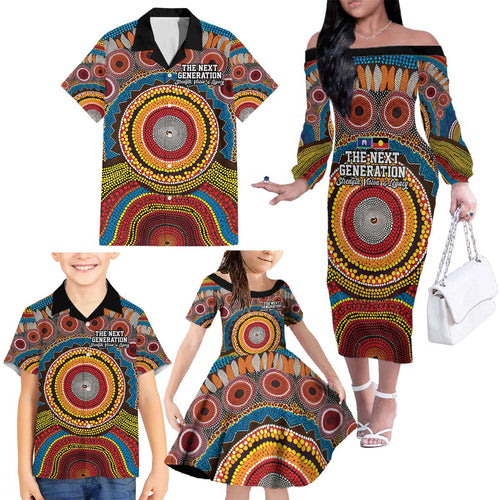 A Bright Future NAIDOC 2025 Family Matching Off The Shoulder Long Sleeve Dress and Hawaiian Shirt Aboriginal Indigenous Art