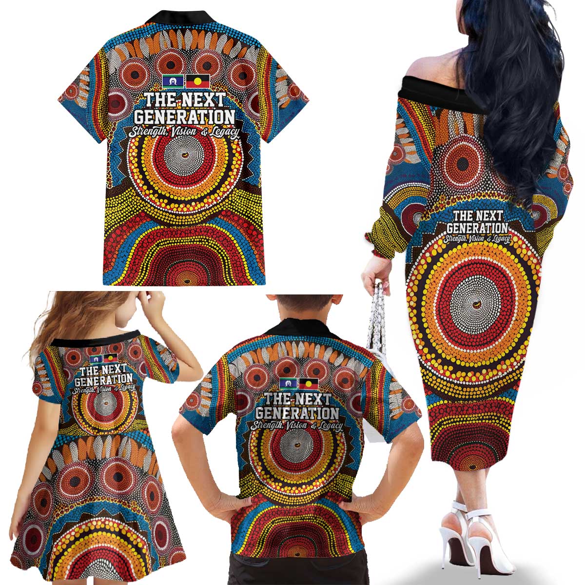 A Bright Future NAIDOC 2025 Family Matching Off The Shoulder Long Sleeve Dress and Hawaiian Shirt Aboriginal Indigenous Art