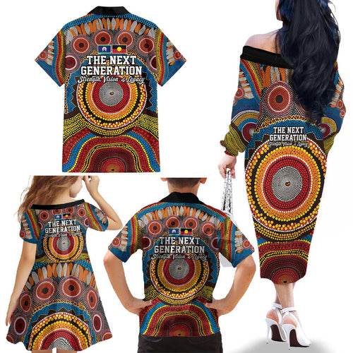 A Bright Future NAIDOC 2025 Family Matching Off The Shoulder Long Sleeve Dress and Hawaiian Shirt Aboriginal Indigenous Art