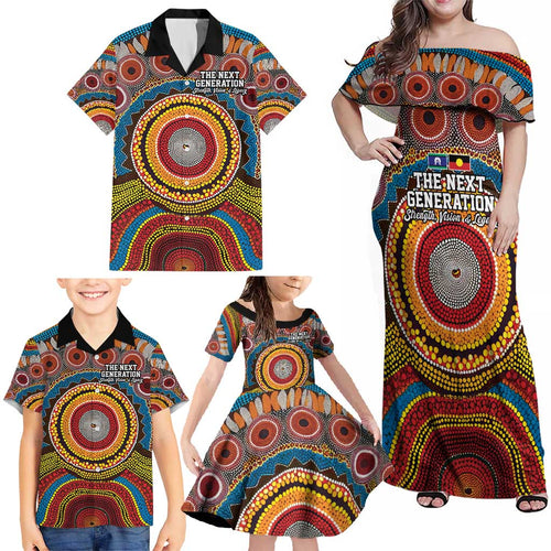A Bright Future NAIDOC 2025 Family Matching Off Shoulder Maxi Dress and Hawaiian Shirt Aboriginal Indigenous Art