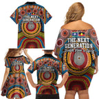 A Bright Future NAIDOC 2025 Family Matching Off Shoulder Short Dress and Hawaiian Shirt Aboriginal Indigenous Art
