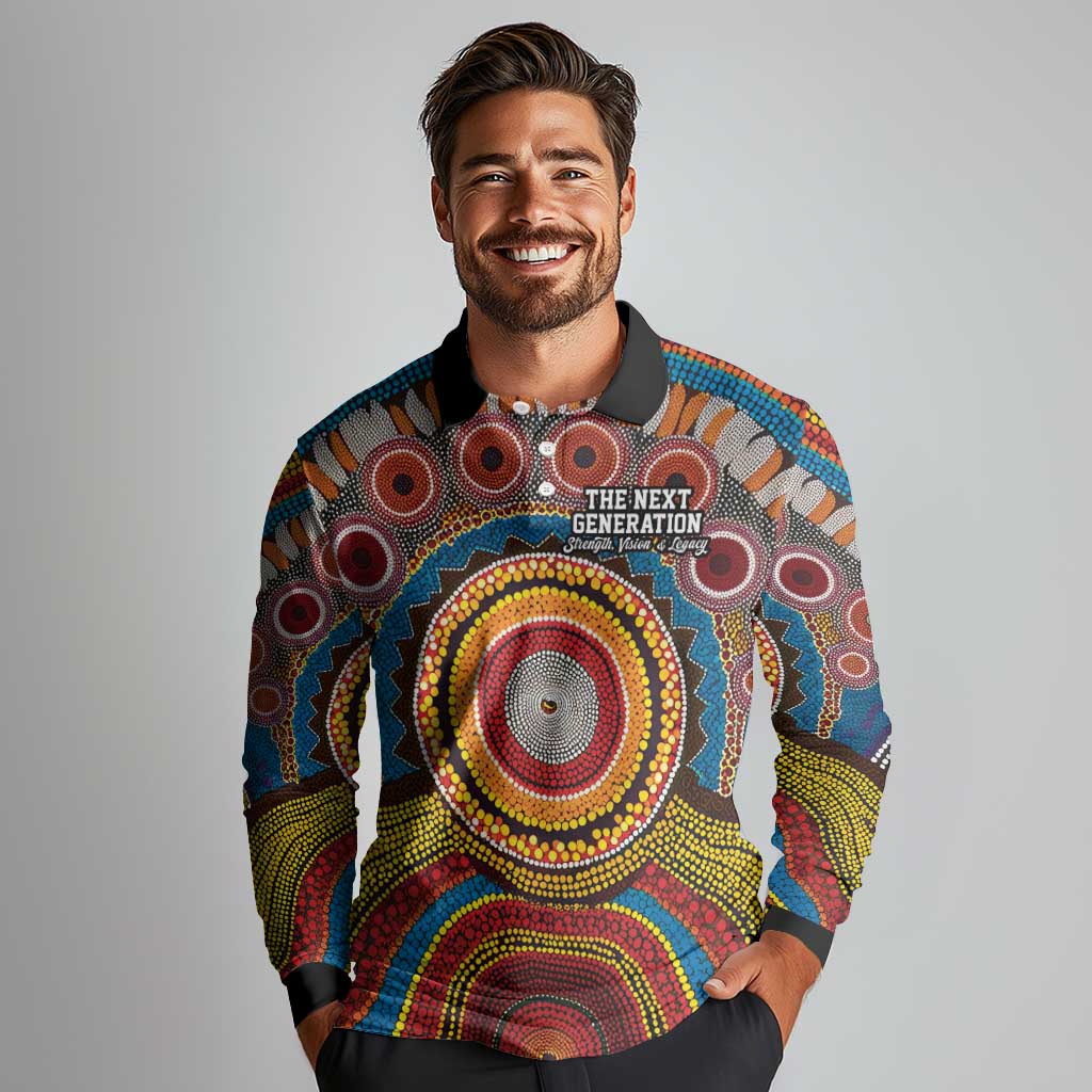 A Bright Future NAIDOC 2025 Long Sleeve Polo Shirt Aboriginal Indigenous Art