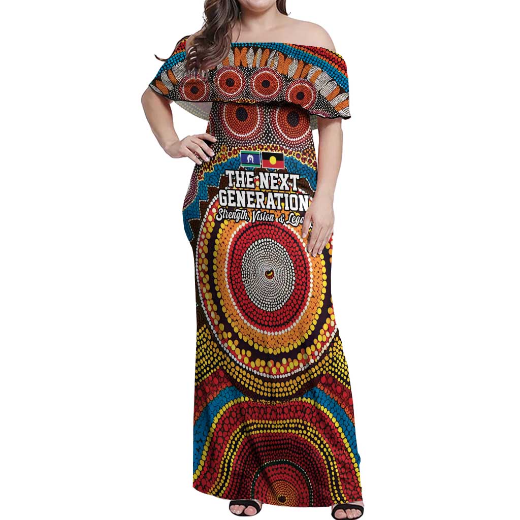 A Bright Future NAIDOC 2025 Off Shoulder Maxi Dress Aboriginal Indigenous Art
