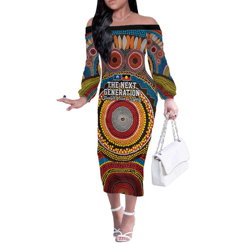 A Bright Future NAIDOC 2025 Off The Shoulder Long Sleeve Dress Aboriginal Indigenous Art