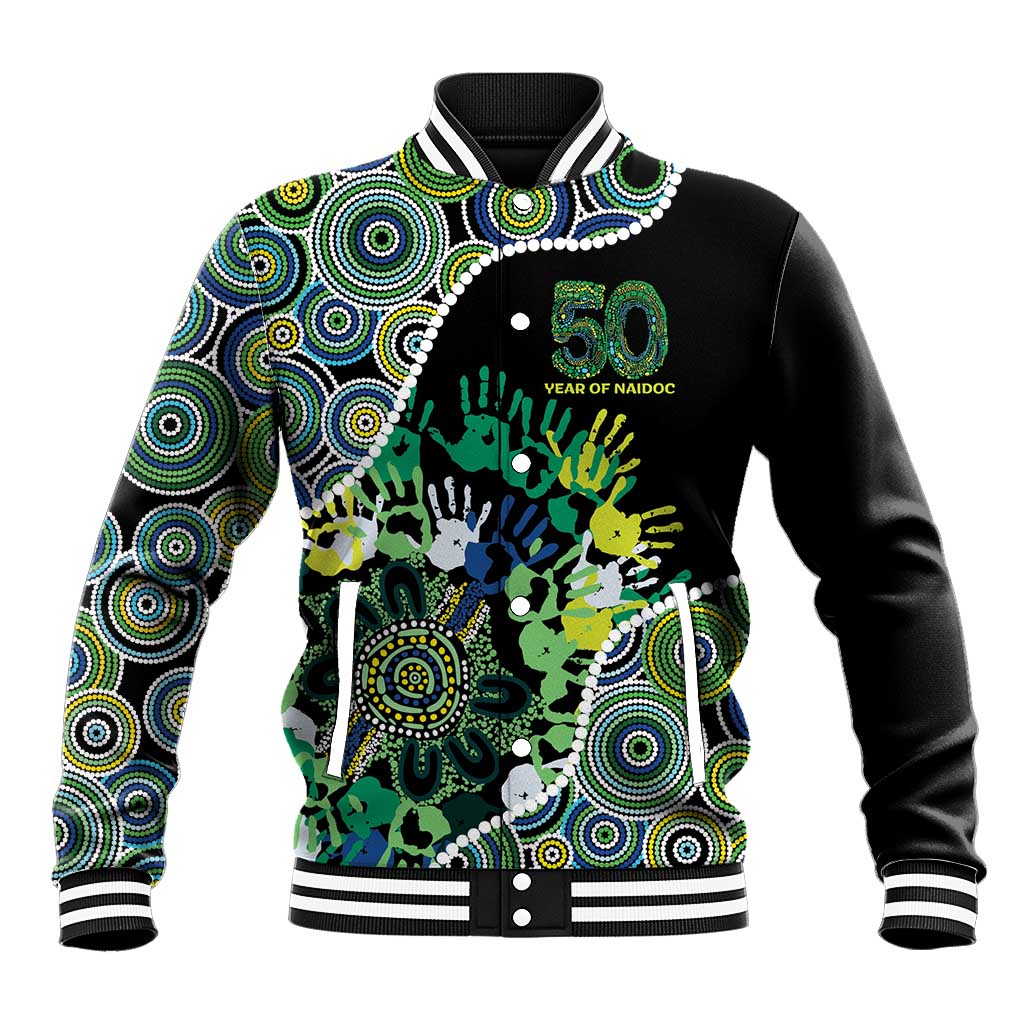 Honouring 50 Year Of NAIDOC Baseball Jacket Honouring The Next Generation Green Aboriginal Art