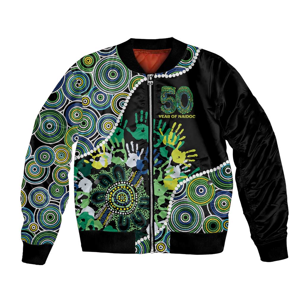 Honouring 50 Year Of NAIDOC Bomber Jacket Honouring The Next Generation Green Aboriginal Art