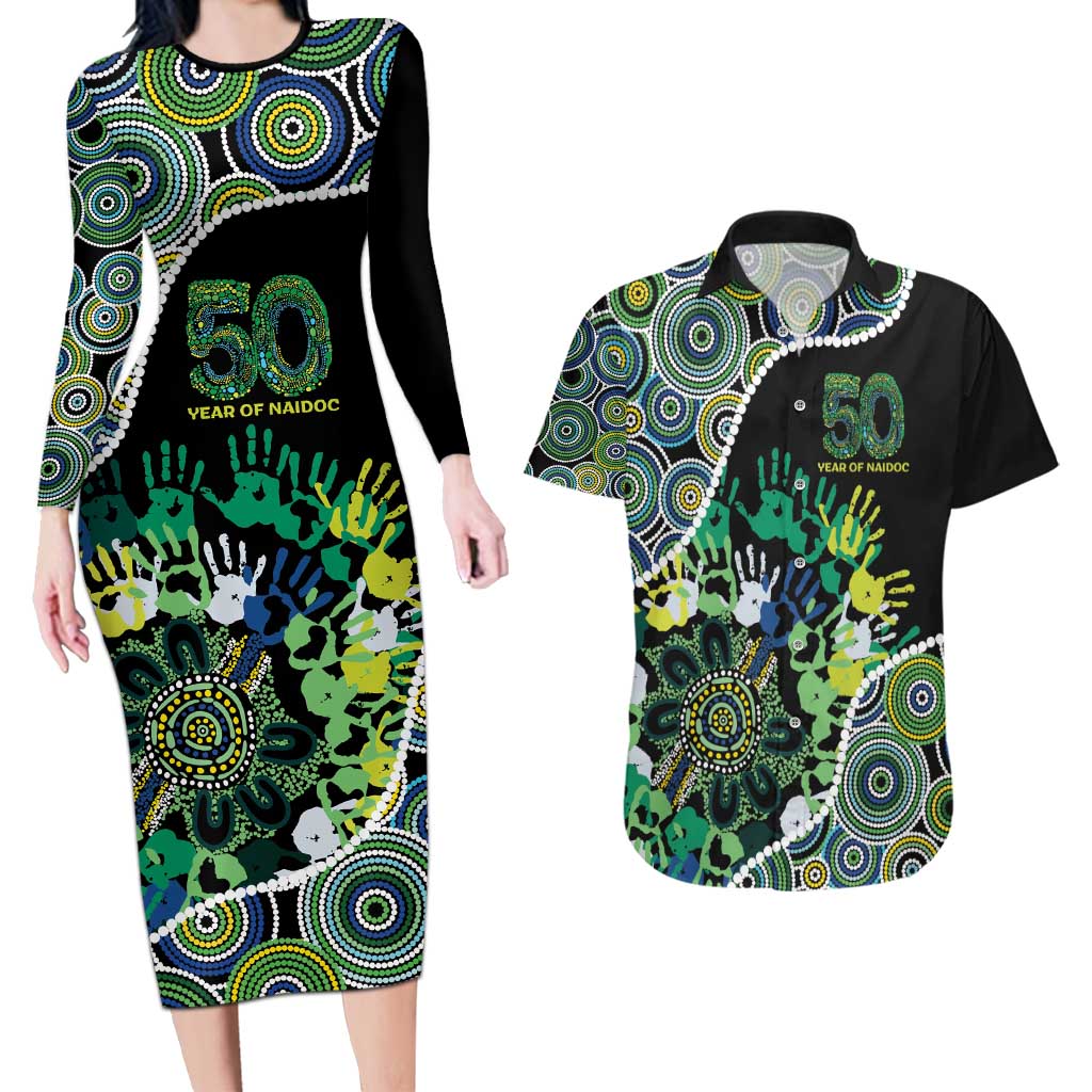 Honouring 50 Year Of NAIDOC Couples Matching Long Sleeve Bodycon Dress and Hawaiian Shirt Honouring The Next Generation Green Aboriginal Art