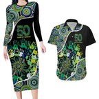 Honouring 50 Year Of NAIDOC Couples Matching Long Sleeve Bodycon Dress and Hawaiian Shirt Honouring The Next Generation Green Aboriginal Art