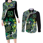 Honouring 50 Year Of NAIDOC Couples Matching Long Sleeve Bodycon Dress and Long Sleeve Button Shirt Honouring The Next Generation Green Aboriginal Art