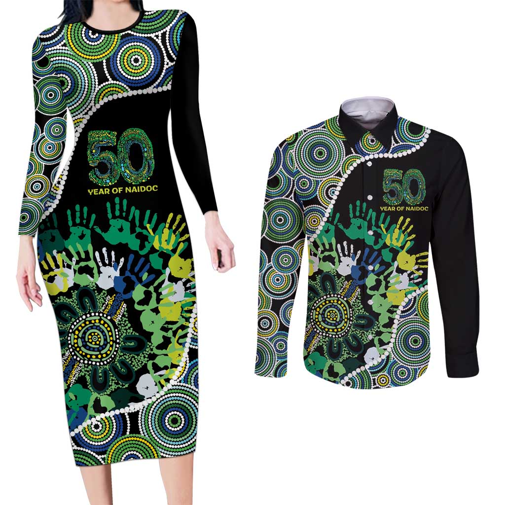 Honouring 50 Year Of NAIDOC Couples Matching Long Sleeve Bodycon Dress and Long Sleeve Button Shirt Honouring The Next Generation Green Aboriginal Art