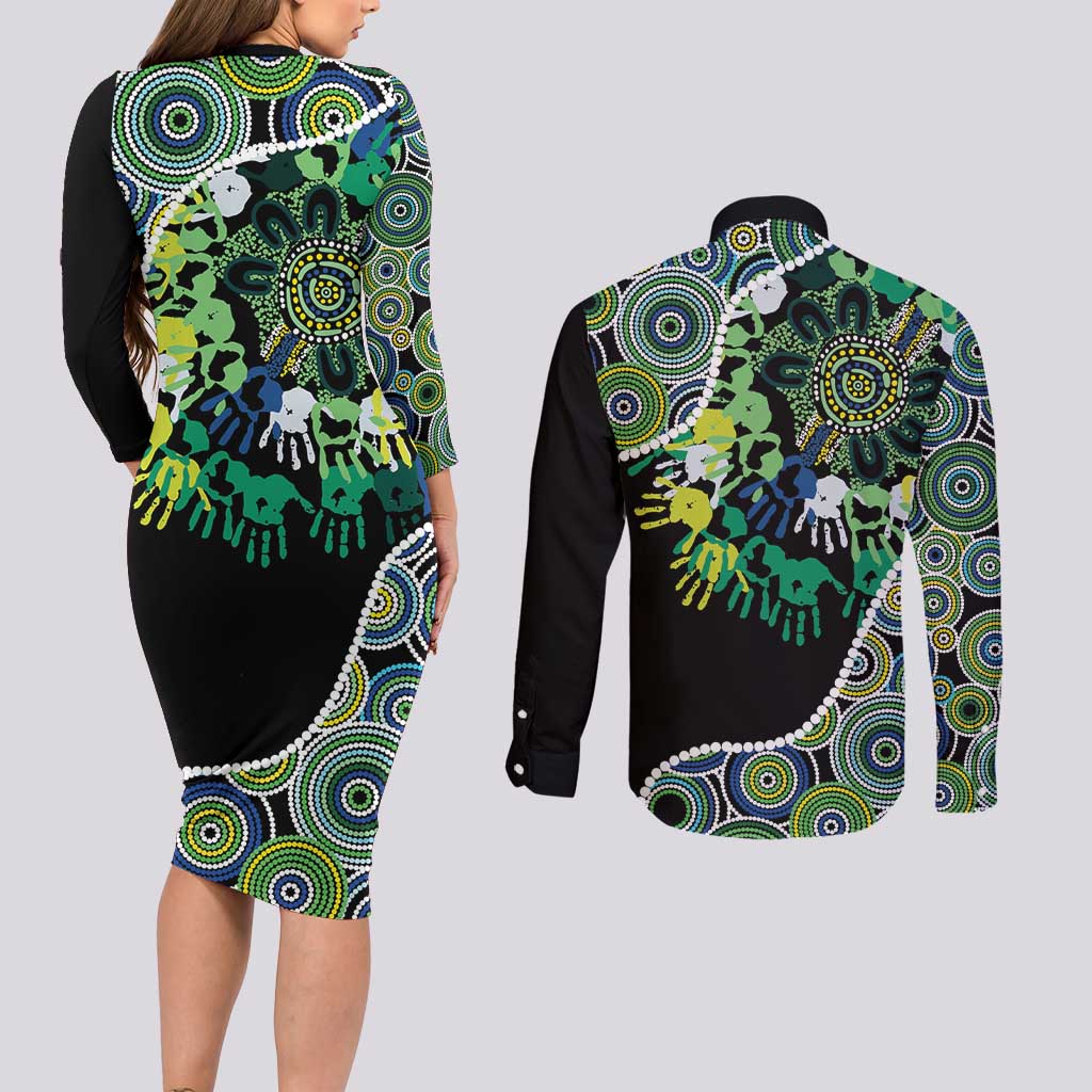 Honouring 50 Year Of NAIDOC Couples Matching Long Sleeve Bodycon Dress and Long Sleeve Button Shirt Honouring The Next Generation Green Aboriginal Art