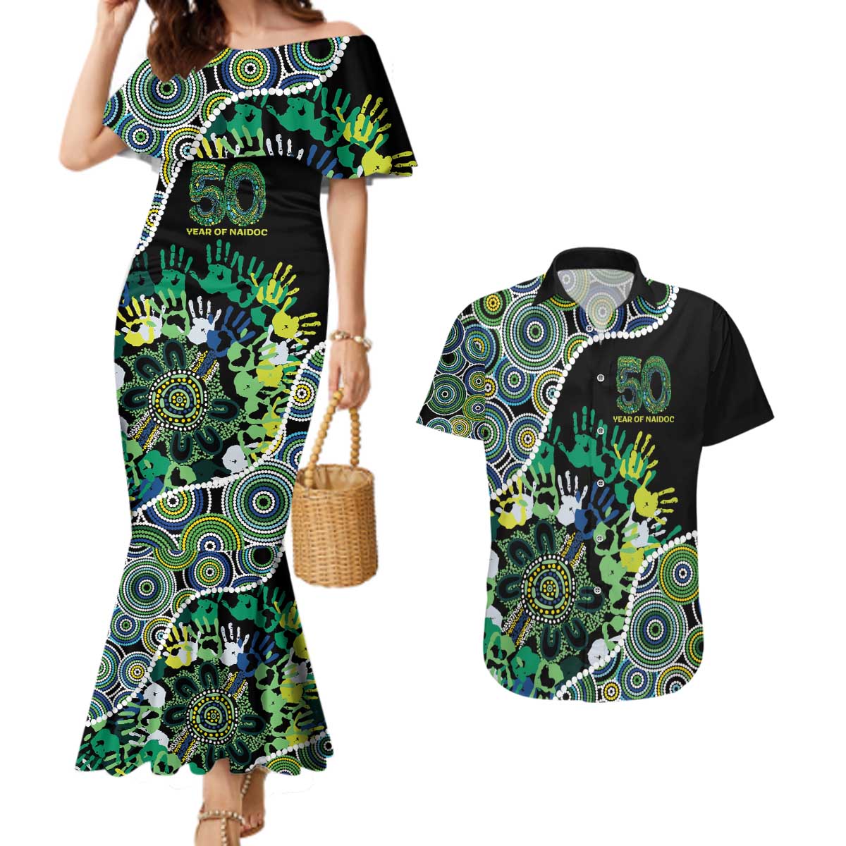 Honouring 50 Year Of NAIDOC Couples Matching Mermaid Dress and Hawaiian Shirt Honouring The Next Generation Green Aboriginal Art