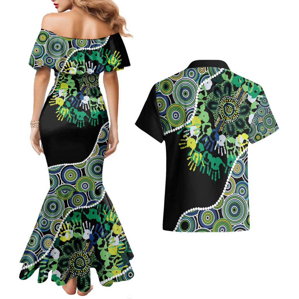 Honouring 50 Year Of NAIDOC Couples Matching Mermaid Dress and Hawaiian Shirt Honouring The Next Generation Green Aboriginal Art
