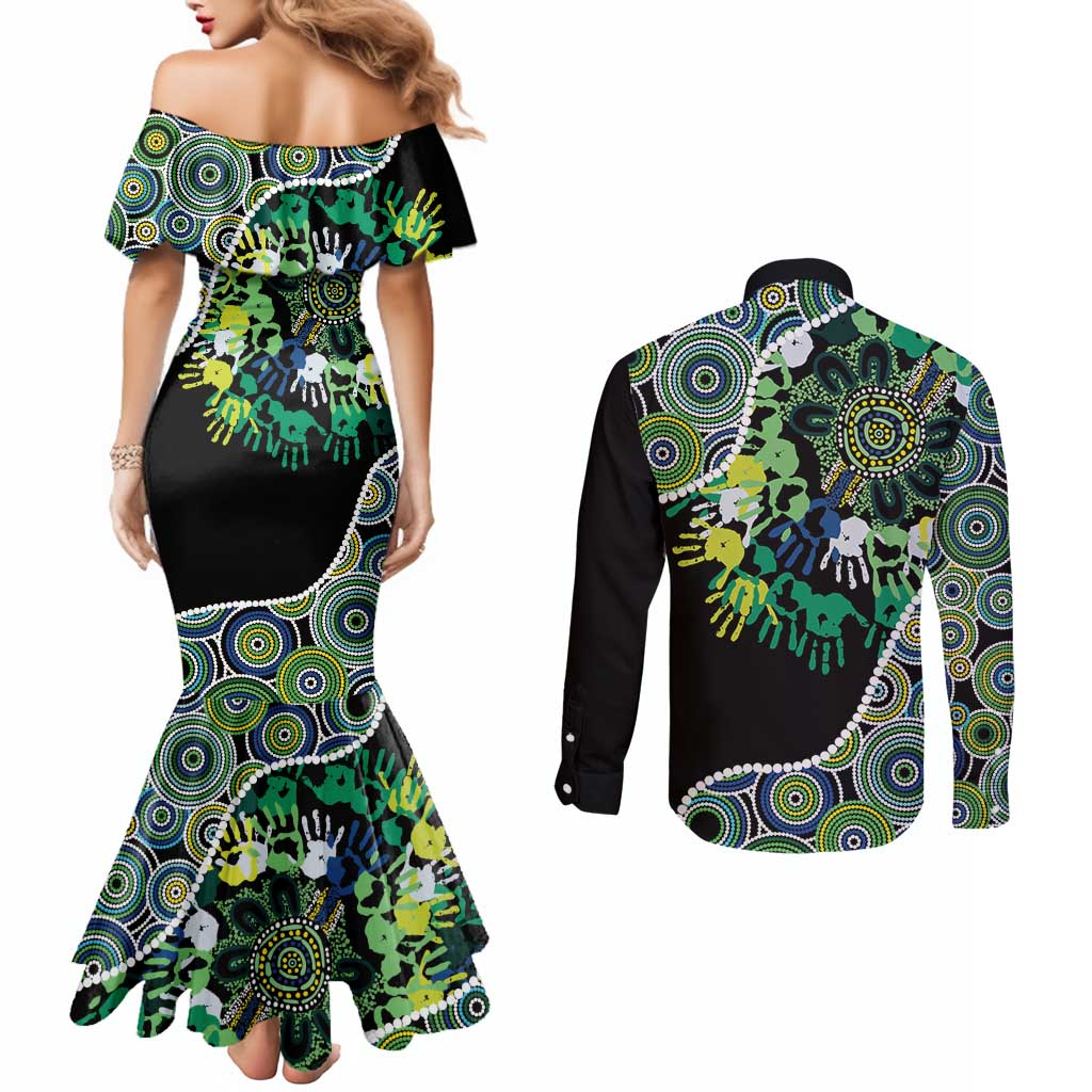 Honouring 50 Year Of NAIDOC Couples Matching Mermaid Dress and Long Sleeve Button Shirt Honouring The Next Generation Green Aboriginal Art
