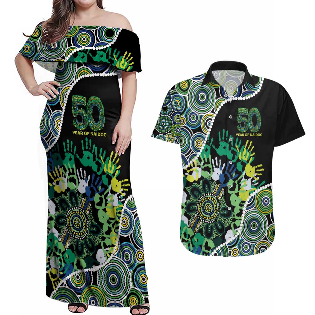 Honouring 50 Year Of NAIDOC Couples Matching Off Shoulder Maxi Dress and Hawaiian Shirt Honouring The Next Generation Green Aboriginal Art