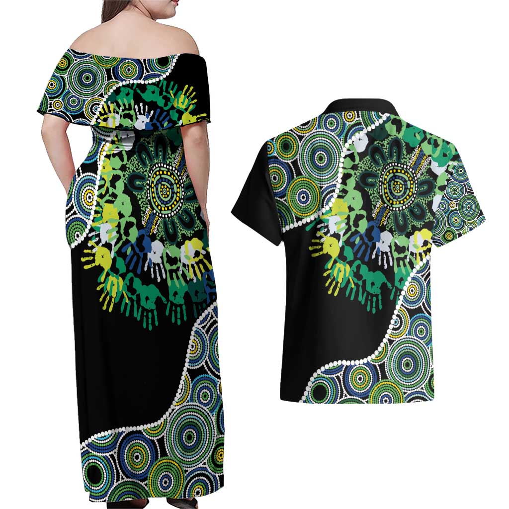 Honouring 50 Year Of NAIDOC Couples Matching Off Shoulder Maxi Dress and Hawaiian Shirt Honouring The Next Generation Green Aboriginal Art
