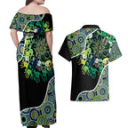 Honouring 50 Year Of NAIDOC Couples Matching Off Shoulder Maxi Dress and Hawaiian Shirt Honouring The Next Generation Green Aboriginal Art