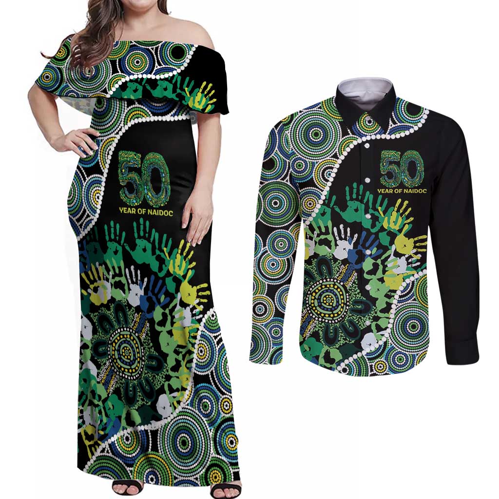 Honouring 50 Year Of NAIDOC Couples Matching Off Shoulder Maxi Dress and Long Sleeve Button Shirt Honouring The Next Generation Green Aboriginal Art