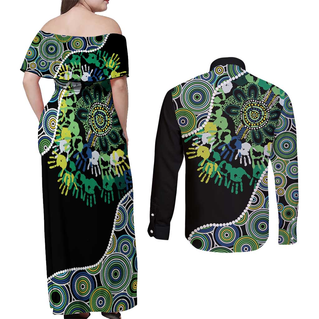 Honouring 50 Year Of NAIDOC Couples Matching Off Shoulder Maxi Dress and Long Sleeve Button Shirt Honouring The Next Generation Green Aboriginal Art