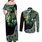 Honouring 50 Year Of NAIDOC Couples Matching Off Shoulder Maxi Dress and Long Sleeve Button Shirt Honouring The Next Generation Green Aboriginal Art