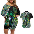 Honouring 50 Year Of NAIDOC Couples Matching Off Shoulder Short Dress and Hawaiian Shirt Honouring The Next Generation Green Aboriginal Art