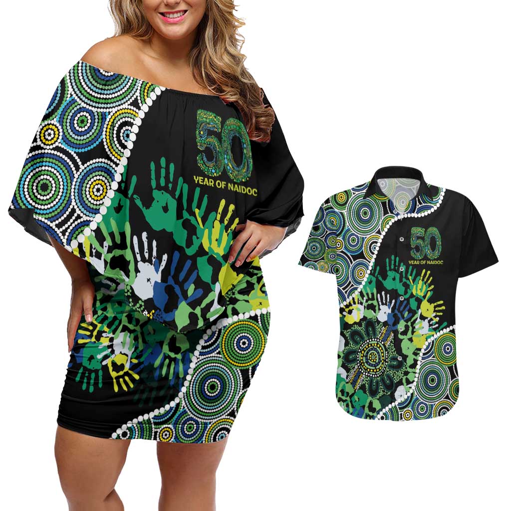 Honouring 50 Year Of NAIDOC Couples Matching Off Shoulder Short Dress and Hawaiian Shirt Honouring The Next Generation Green Aboriginal Art