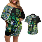 Honouring 50 Year Of NAIDOC Couples Matching Off Shoulder Short Dress and Hawaiian Shirt Honouring The Next Generation Green Aboriginal Art