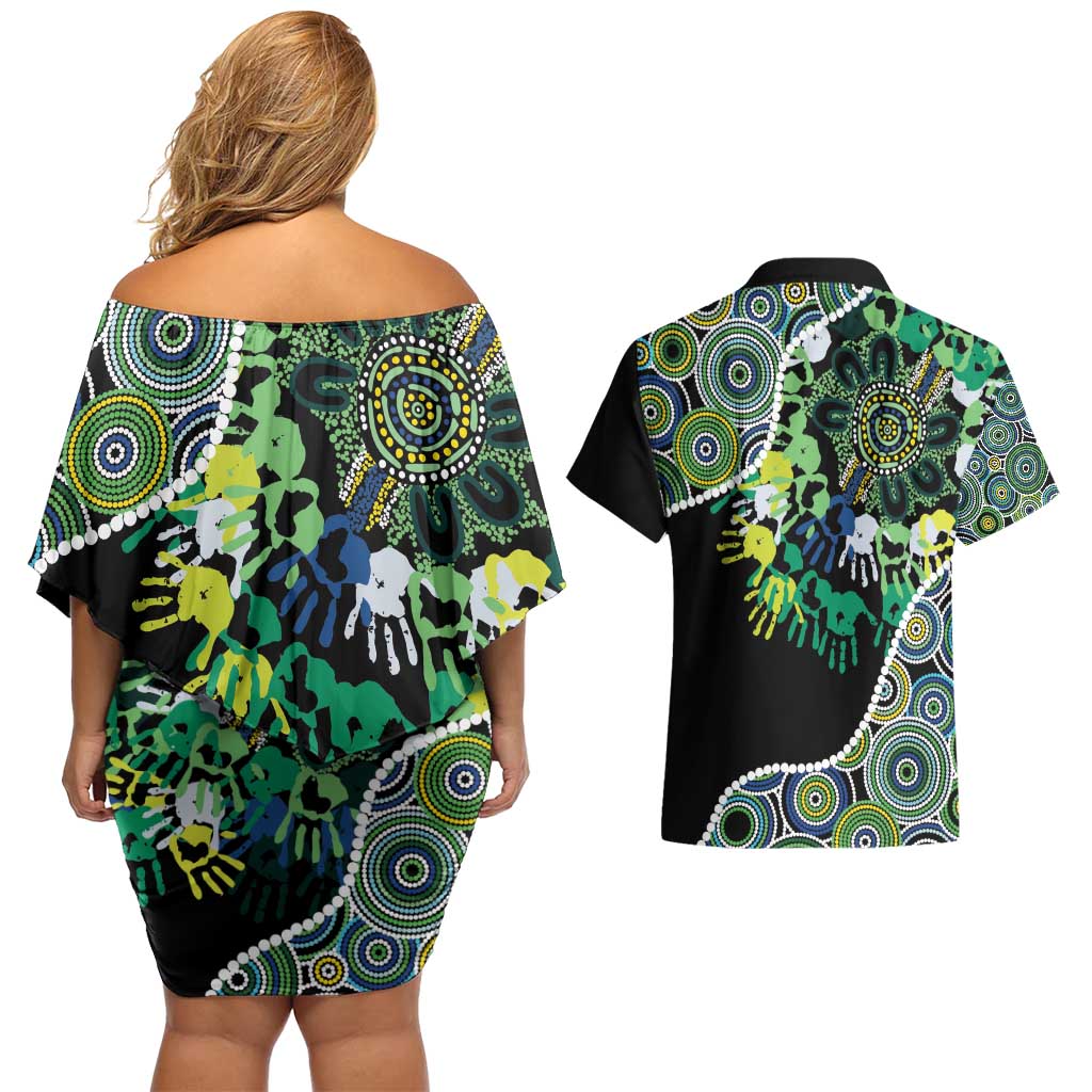 Honouring 50 Year Of NAIDOC Couples Matching Off Shoulder Short Dress and Hawaiian Shirt Honouring The Next Generation Green Aboriginal Art