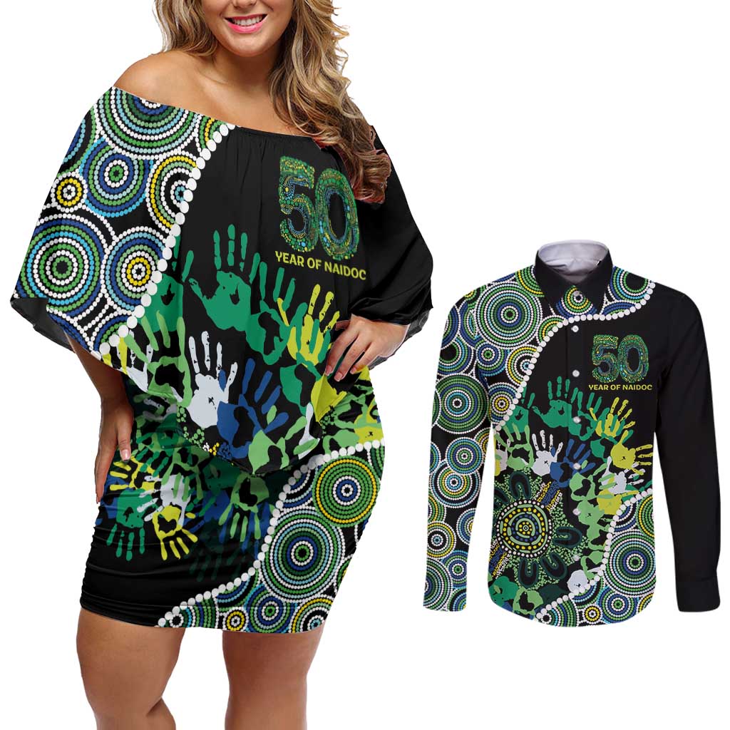 Honouring 50 Year Of NAIDOC Couples Matching Off Shoulder Short Dress and Long Sleeve Button Shirt Honouring The Next Generation Green Aboriginal Art
