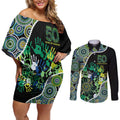 Honouring 50 Year Of NAIDOC Couples Matching Off Shoulder Short Dress and Long Sleeve Button Shirt Honouring The Next Generation Green Aboriginal Art