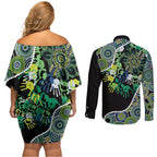 Honouring 50 Year Of NAIDOC Couples Matching Off Shoulder Short Dress and Long Sleeve Button Shirt Honouring The Next Generation Green Aboriginal Art
