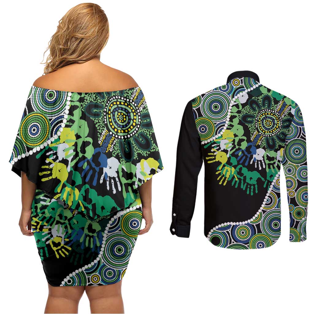 Honouring 50 Year Of NAIDOC Couples Matching Off Shoulder Short Dress and Long Sleeve Button Shirt Honouring The Next Generation Green Aboriginal Art