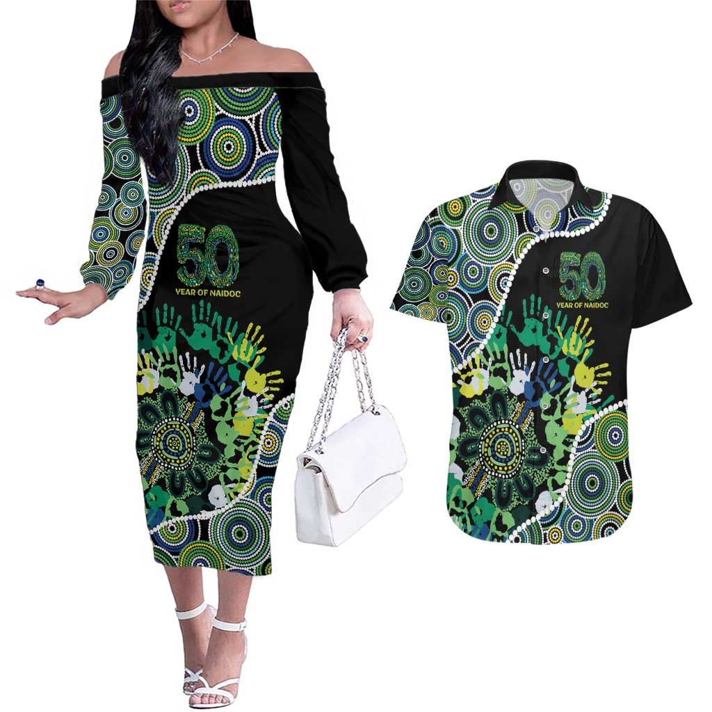 Honouring 50 Year Of NAIDOC Couples Matching Off The Shoulder Long Sleeve Dress and Hawaiian Shirt Honouring The Next Generation Green Aboriginal Art
