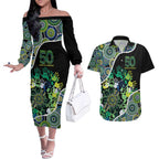 Honouring 50 Year Of NAIDOC Couples Matching Off The Shoulder Long Sleeve Dress and Hawaiian Shirt Honouring The Next Generation Green Aboriginal Art