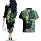 Honouring 50 Year Of NAIDOC Couples Matching Off The Shoulder Long Sleeve Dress and Hawaiian Shirt Honouring The Next Generation Green Aboriginal Art