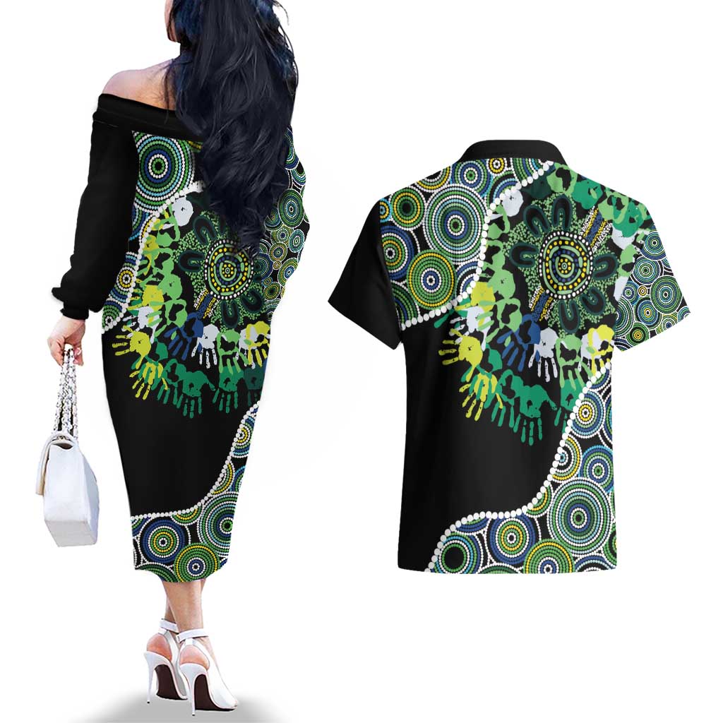 Honouring 50 Year Of NAIDOC Couples Matching Off The Shoulder Long Sleeve Dress and Hawaiian Shirt Honouring The Next Generation Green Aboriginal Art