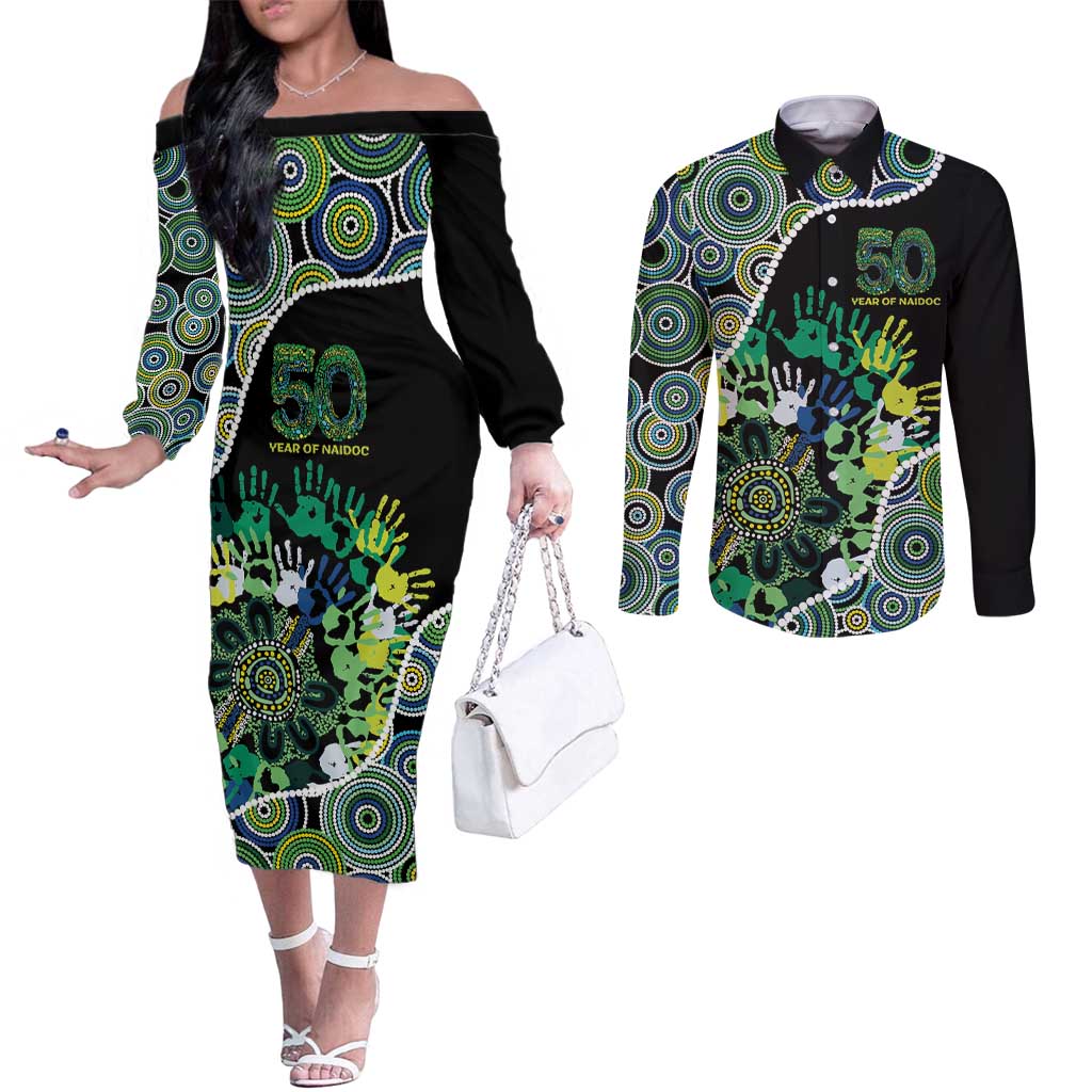 Honouring 50 Year Of NAIDOC Couples Matching Off The Shoulder Long Sleeve Dress and Long Sleeve Button Shirt Honouring The Next Generation Green Aboriginal Art