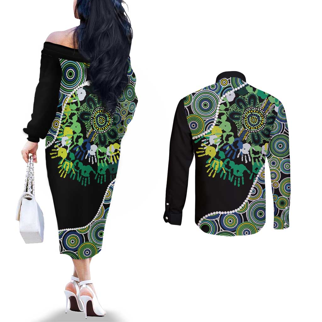 Honouring 50 Year Of NAIDOC Couples Matching Off The Shoulder Long Sleeve Dress and Long Sleeve Button Shirt Honouring The Next Generation Green Aboriginal Art