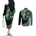 Honouring 50 Year Of NAIDOC Couples Matching Off The Shoulder Long Sleeve Dress and Long Sleeve Button Shirt Honouring The Next Generation Green Aboriginal Art