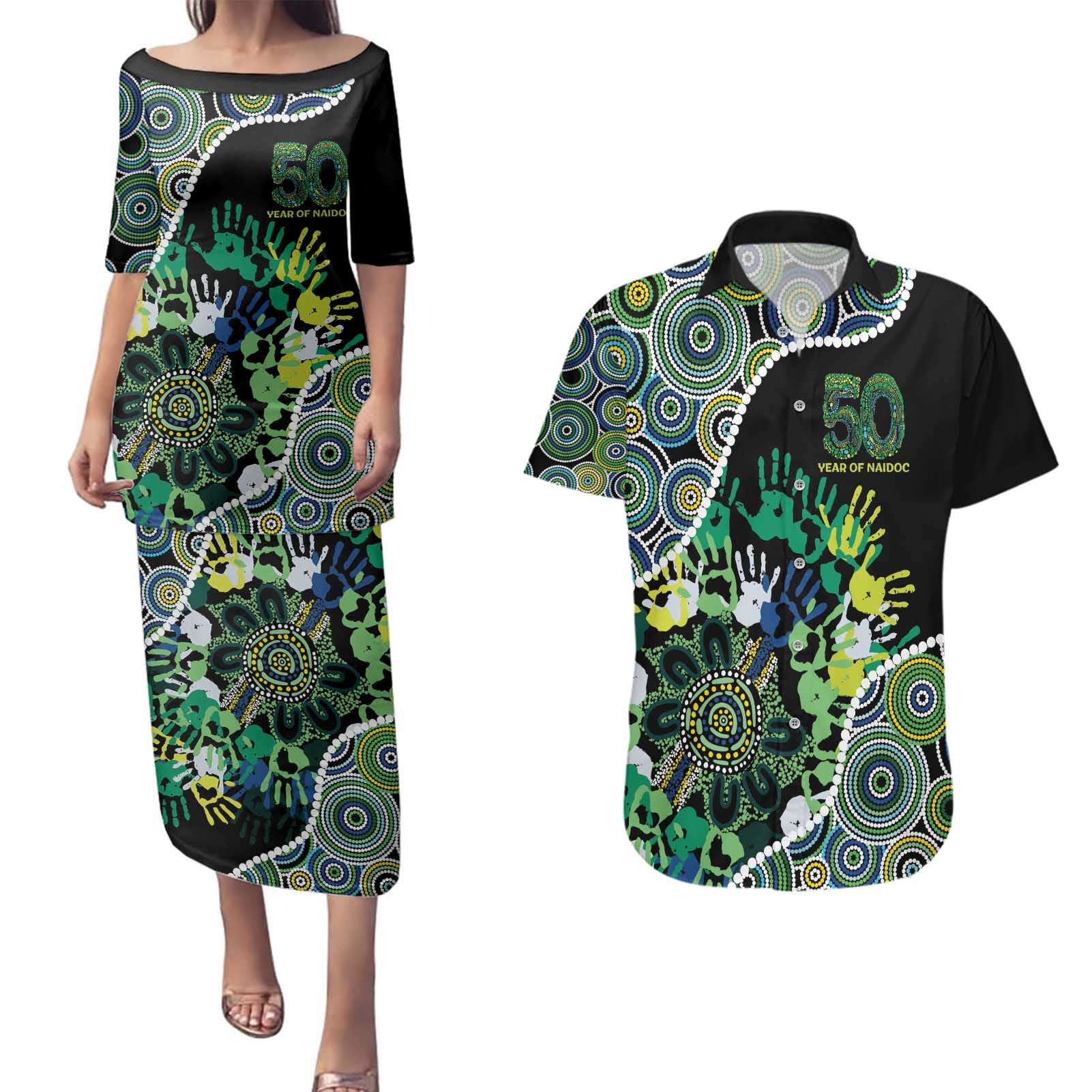 Honouring 50 Year Of NAIDOC Couples Matching Puletasi and Hawaiian Shirt Honouring The Next Generation Green Aboriginal Art