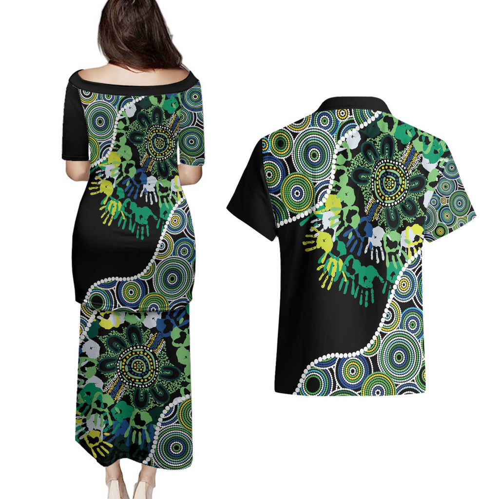 Honouring 50 Year Of NAIDOC Couples Matching Puletasi and Hawaiian Shirt Honouring The Next Generation Green Aboriginal Art