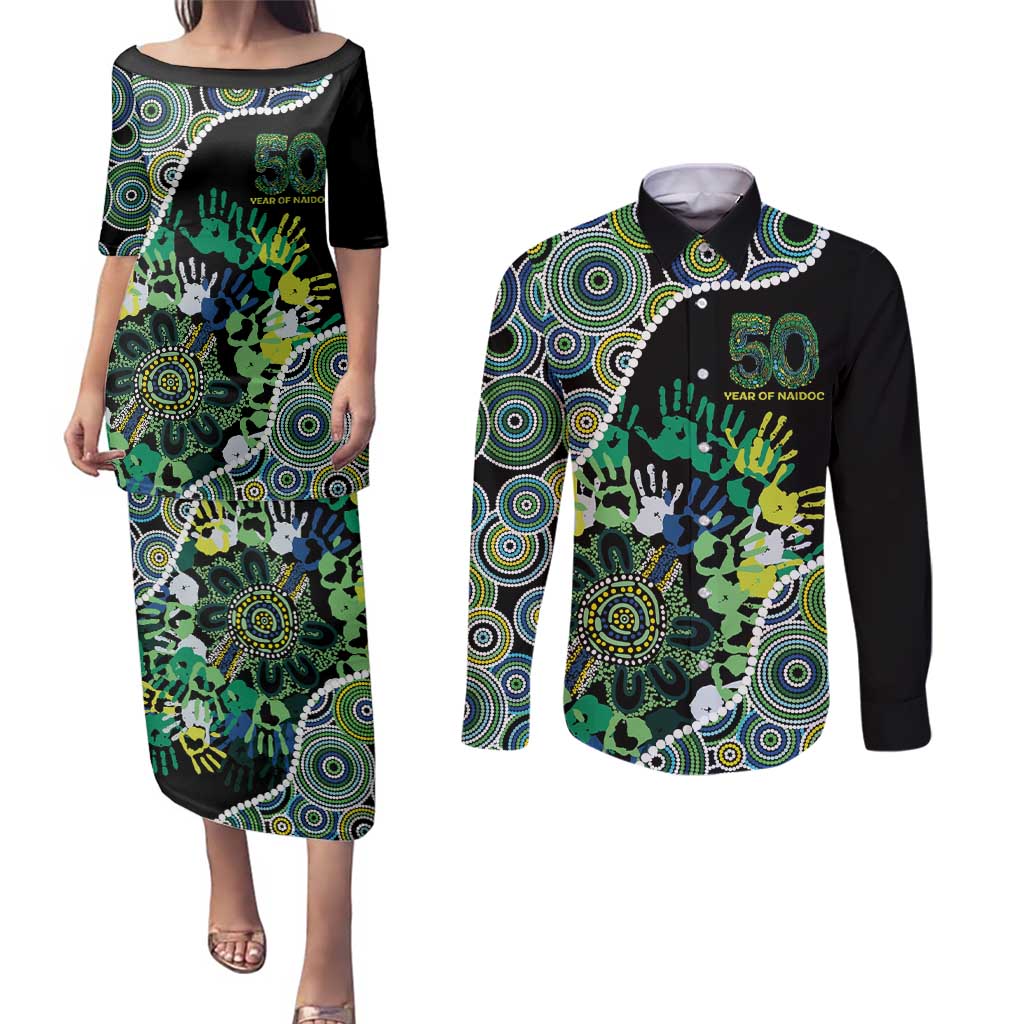 Honouring 50 Year Of NAIDOC Couples Matching Puletasi and Long Sleeve Button Shirt Honouring The Next Generation Green Aboriginal Art