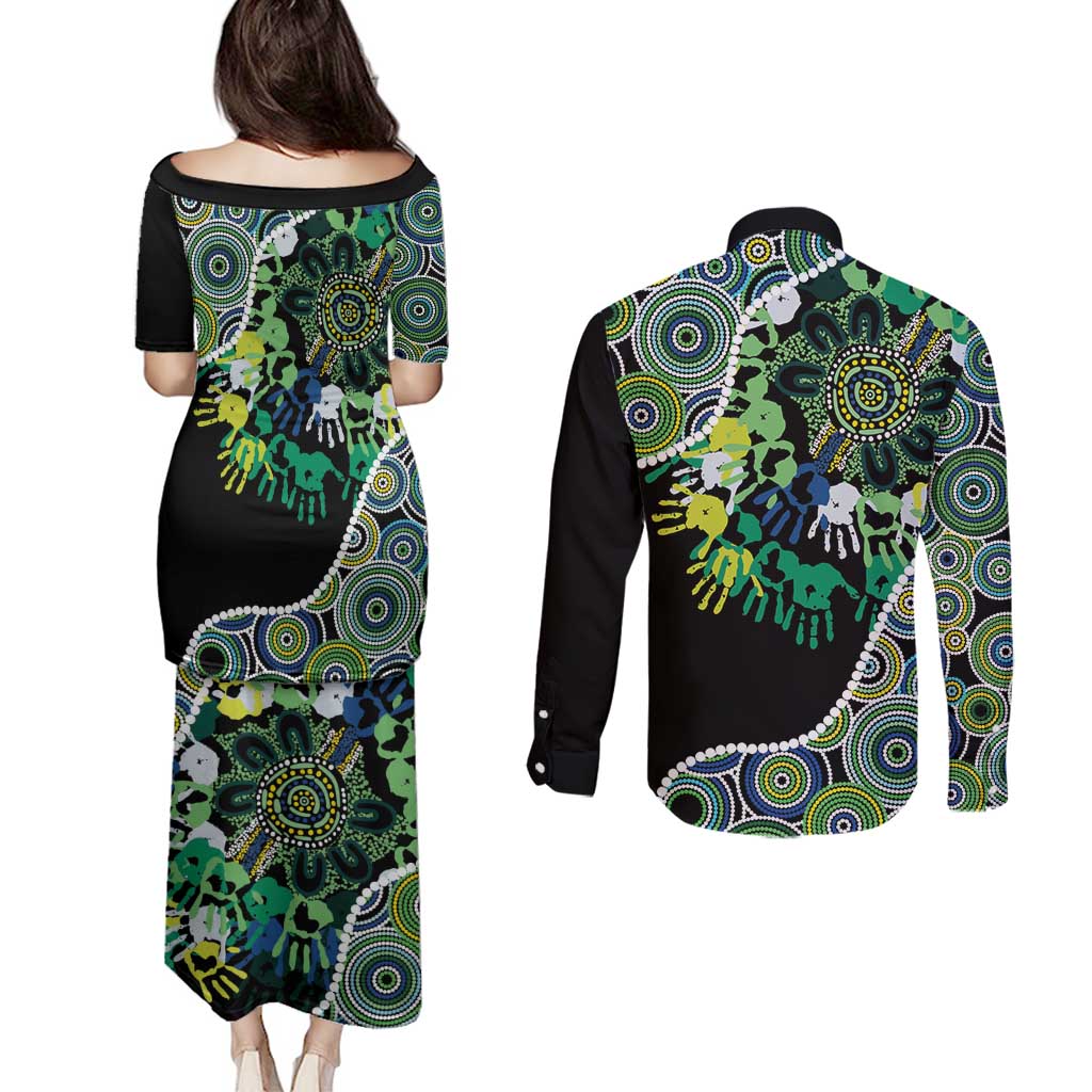 Honouring 50 Year Of NAIDOC Couples Matching Puletasi and Long Sleeve Button Shirt Honouring The Next Generation Green Aboriginal Art