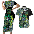 Honouring 50 Year Of NAIDOC Couples Matching Short Sleeve Bodycon Dress and Hawaiian Shirt Honouring The Next Generation Green Aboriginal Art