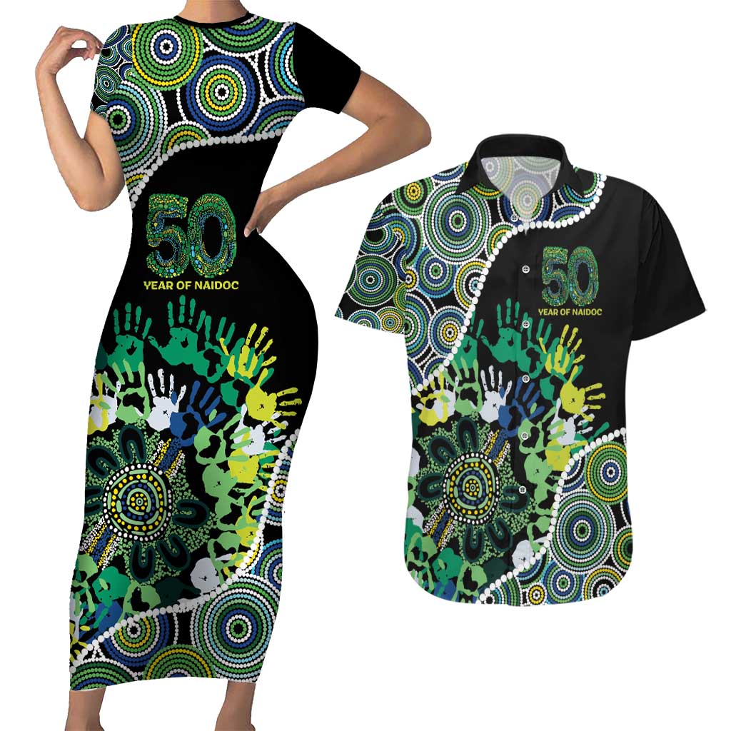 Honouring 50 Year Of NAIDOC Couples Matching Short Sleeve Bodycon Dress and Hawaiian Shirt Honouring The Next Generation Green Aboriginal Art
